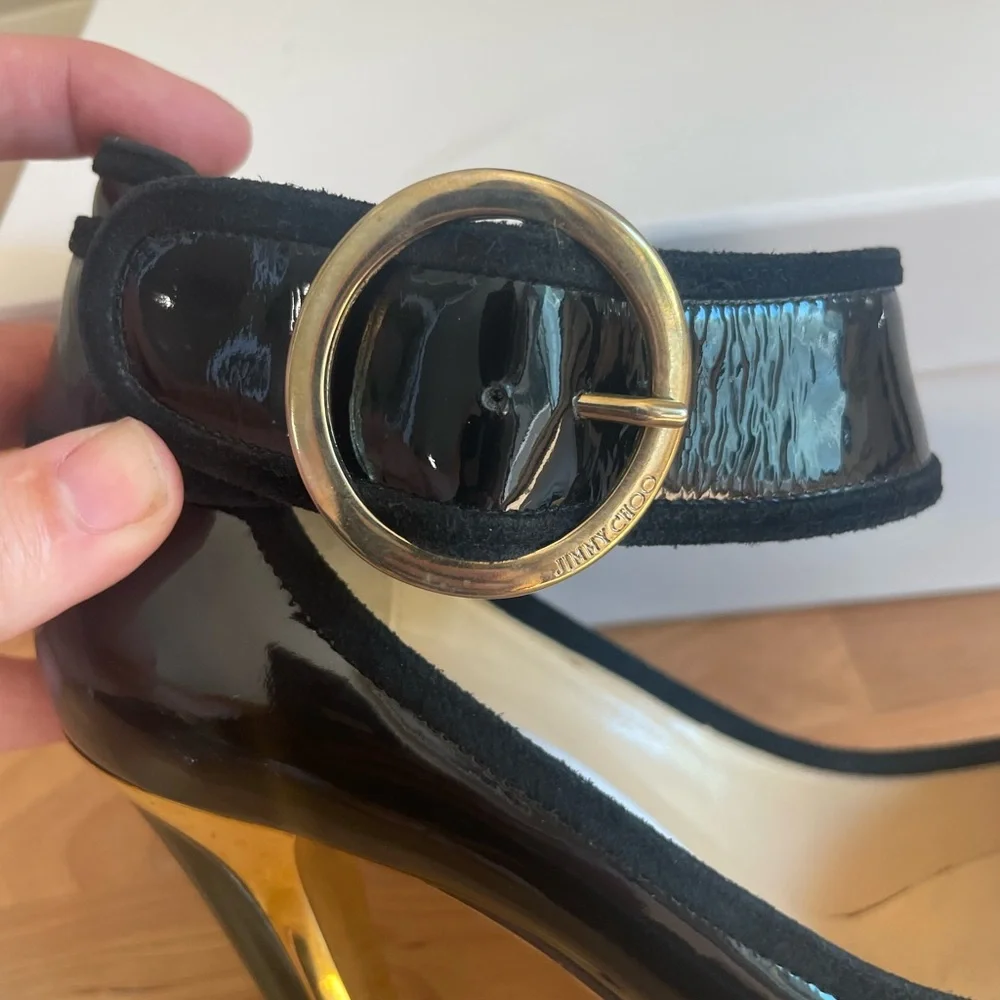 Jimmy Choo black and gold high heels with ankle strap - Picture 2 of 10